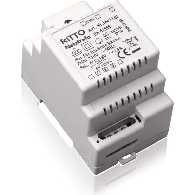 Ritto Netztrafo 1647600 | Klingeltrafo Hutschiene | 8V AC 1A | 230V Eingang | 3 TE | IP20 | 54x90x60 mm