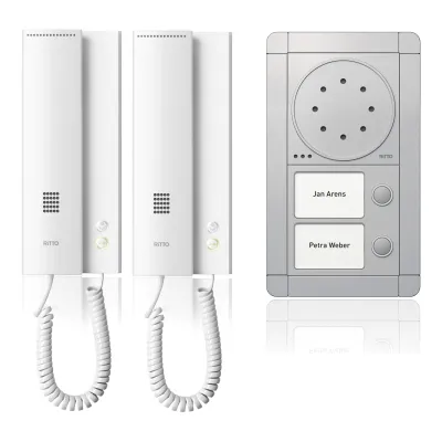 Ritto Audio-Türsprechanlage 1891220 | Komplettset 2-Familienhaus | Bus-System | 2 Wohntelefone weiß | Aufputz silber