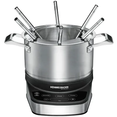 Rommelsbacher Elektro Fondue Set F 1200 | 2,5l Edelstahl | 1200W | 6 Gabeln | Touch Control | Spritzschutz