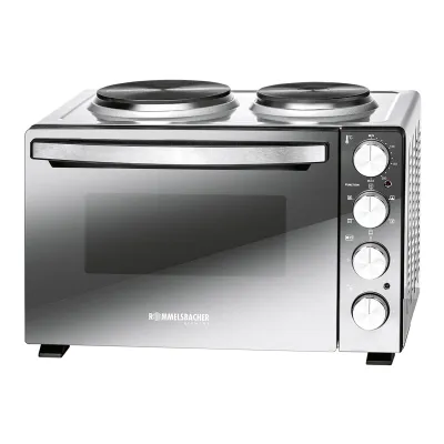 Rommelsbacher Kleinküche KM 3300 | Mini-Küche mit 2 Kochplatten & 30l Backofen | Umluft | Drehspieß | schwarz/silber