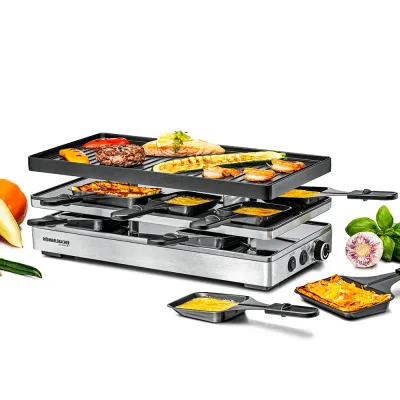 ROMMELSBACHER Pizza Raclette RCP 1800 | 8 Pfännchen | 1800W | PFAS-frei | Edelstahl | Wendeplatte | 41,5x20,5 cm