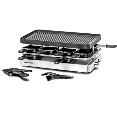 Rommelsbacher Raclette Grill RC 1400 | 8 Pfännchen | Wendeplatte 37x23 cm | Antihaftbeschichtung | 1200W | Edelstahl