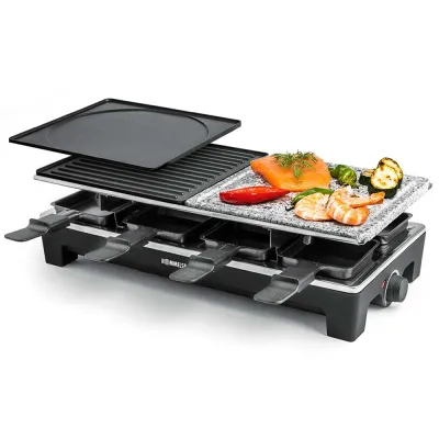 Rommelsbacher Raclette Grill RCS 1350 | 8 Pfännchen | Naturstein & Alu-Druckguss | 1350W | Antihaft | Schwarz/Edelstahl