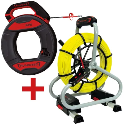 Runpotec Kabeleinziehsystem Profi-Set 11120 | Glasfaserstab Ø4,5mm 60m | Runpo5 30m | Haspel | Zugkraft 270kg | Schwarz