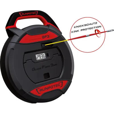 RUNPOTEC Kabeleinziehgerät 10192 GF3 | Glasfaserstab 3 mm 20 m | digitaler Meterzähler | Knickschutz | 130 kg | gelb