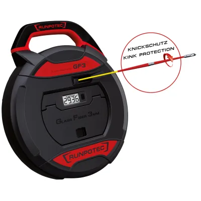 RUNPOTEC Kabeleinziehgerät GF3 | Glasfaserstab 3 mm Ø | 50 m | digitaler Meterzähler | Kunststoffbox | gelb