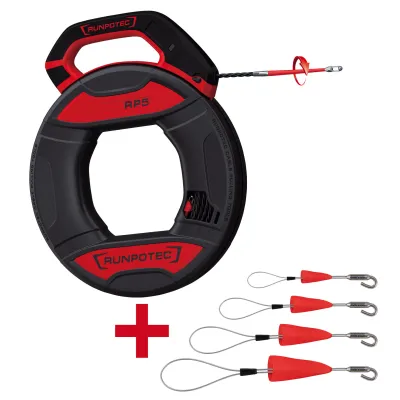 RUNPOTEC Kabeleinziehsystem RUNPO 5 + RUNPOFIX | 30m Kabeleinziehband Ø5,5mm | Set mit Haken & Schutzkappen