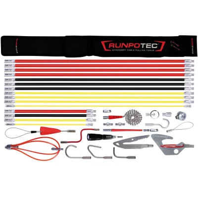 RUNPOTEC Kabeleinziehsystem RUNPOSTICKS | 35-teilig | Basalt-Technologie | 12,6 m | LED-Lampe | Magnet | Tasche