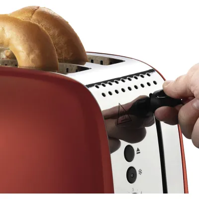 Russell Hobbs Toaster 26554-56 | 2-Scheiben | extra breite Schlitze | Brötchenaufsatz | Auftaufunktion | Edelstahl | Rot