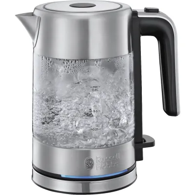 Russell Hobbs Wasserkocher 24191-70 | Mini-Glas-Wasserkocher | 0,8l | 2200W | Edelstahl & Glas | LED | grau/schwarz