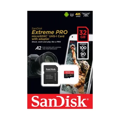 SanDisk Extreme Pro microSDHC 32GB SDSQXCG-032G-GN6MA | 100MB/s Lesen | UHS-I U3 A1 V30 | inkl. SD-Adapter | 4K geeignet