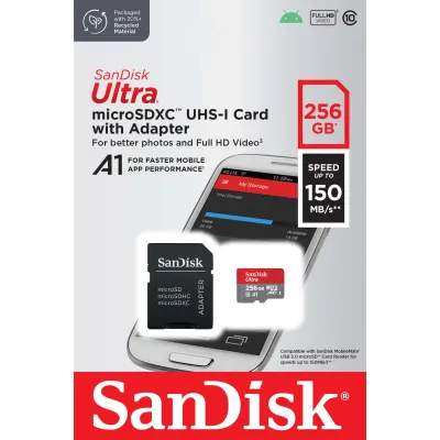 SanDisk Ultra microSDXC SDSQUAC-256G-GN6MA | 256GB Speicherkarte | bis 150MB/s | A1 UHS-I U1 Class 10 | inkl. SD-Adapter