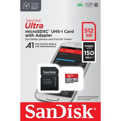 SanDisk Ultra microSDXC 512GB Speicherkarte | bis 150MB/s | Class 10 UHS-I U1 A1 | inkl. SD-Adapter | grau/rot