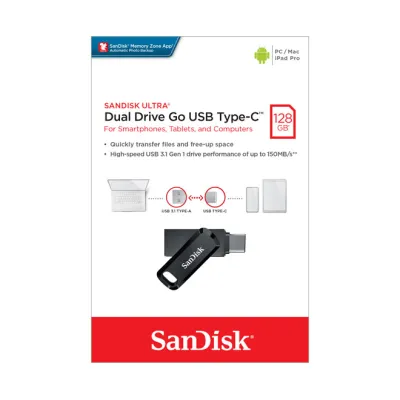 SanDisk USB-Stick 128GB Ultra Dual Drive Go SDDDC3-128G-G46 | USB 3.1 Typ-C & Typ-A | bis 150 MB/s | OTG | schwarz