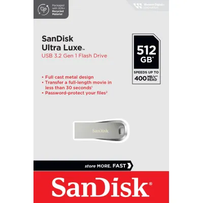 SanDisk USB-Stick Ultra Luxe 512GB | USB 3.1 Gen 1 | bis 400MB/s | Metallgehäuse | Passwortschutz | silber