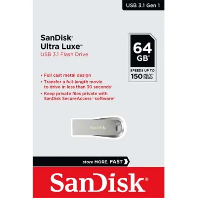SanDisk USB-Stick Ultra Luxe SDCZ74-064G-G46 | 64GB | USB 3.1 Gen 1 Typ-A | bis 150 MB/s | Metallgehäuse | silber