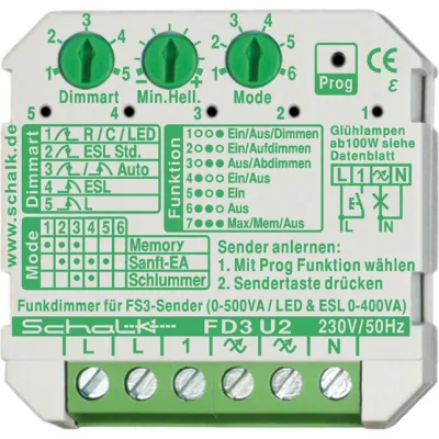 SCHALK Funk-Universal-Dimmer FD3 U2/FD3U29 | Unterputz | 500W | für LED, Halogen, Energiesparlampen | programmierbar