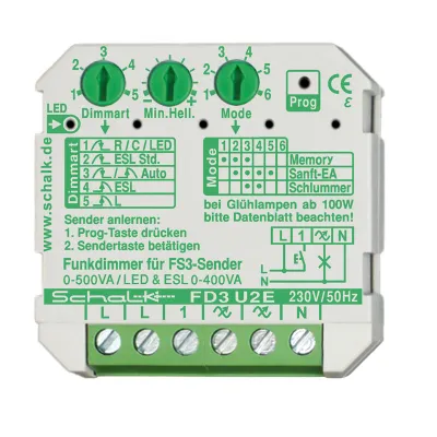 Schalk Funk-Universal-Dimmer FD3 U2E | Funkdimmer Unterputz 500W | LED & Energiesparlampen | 230V | Kunststoff | Grün