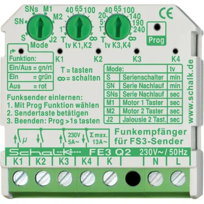 Schalk Funk-Empfängerschalter FE3 Q2 | 4-Kanal 433,92MHz | Unterputz | 230V AC | Jalousie- & Rollladensteuerung | grau