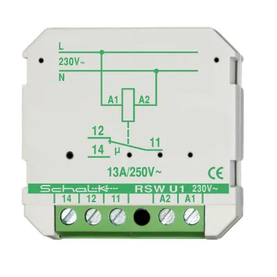 Schalk Schaltrelais RSW U1 | 1 Wechsler | 230V AC/AC DC | Unterputz | 13A | 43x43x18,5mm | monostabil | Kunststoff