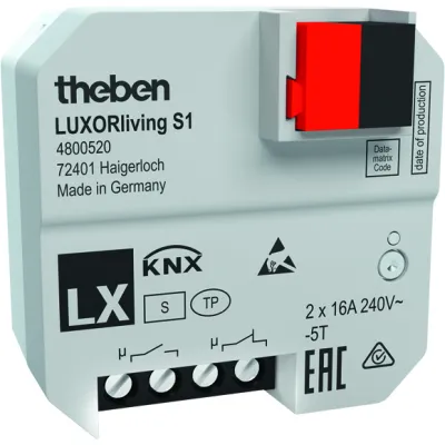Theben Schaltaktor Unterputz LUXORliving S1 4800520 KNX | 1 Kanal | 16A | 2000W | 2 Binäreingänge | IP20