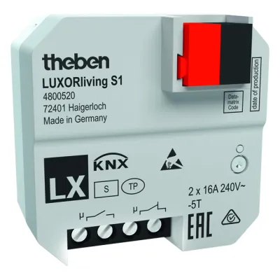 Theben Schaltaktor Unterputz LUXORliving S1 4800520 KNX | 1 Kanal | 16A | 2000W | 2 Binäreingänge | IP20