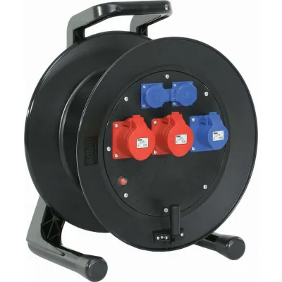 Schill Kabeltrommel GT 450.516 | 3x CEE 16A | 2x SCHUKO | Gummi-Gehäuse | IP44 | ohne Kabel | mit Tragerahmen | schwarz