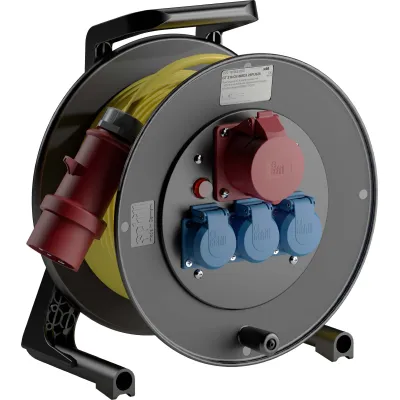 Schill Kabeltrommel GT 310C516MD325PU525 | Spezialgummi | 25m H07BQ-F | CEE 16A | 3x Schuko | Tragerahmen | gelb