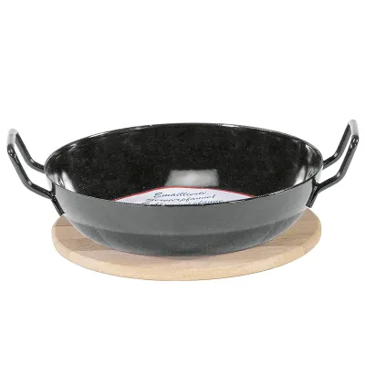 KRÜGER Schlemmerpfanne 1220H | 20 cm | emailliert | mit Holzteller | Induktion geeignet | schnitt- & kratzfest | Schwarz