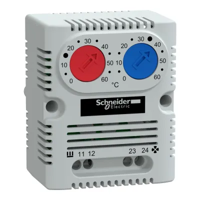 Schneider Electric Doppelthermostat NSYCCOTHD | Thermostat 230V 10A | 0-60°C | Öffner/Schließer | DIN-Schiene | hellgrau