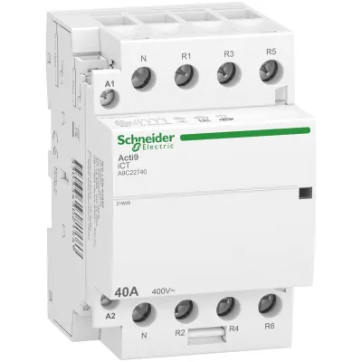 Schneider Electric Installationsschütz A9C22740 iCT | 40A | 3P+N | 4 Öffner | 220-240V AC | geräuscharm | IP20 | Acti9