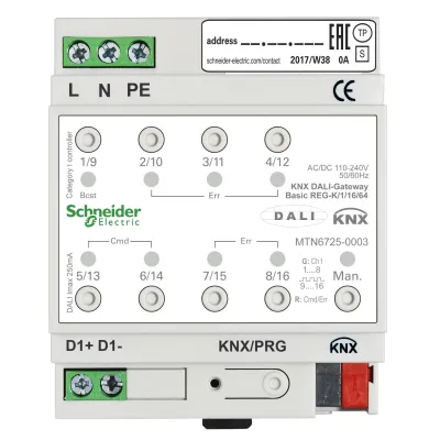 Schneider Electric KNX DALI-Gateway MTN6725-0003 | REG 4TE | 1 Kanal | 230V | bis 64 EVGs | LED-Anzeige | IP20