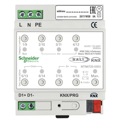 Schneider Electric KNX DALI-Gateway MTN6725-0003 | REG 4TE | 1 Kanal | 230V | bis 64 EVGs | LED-Anzeige | IP20