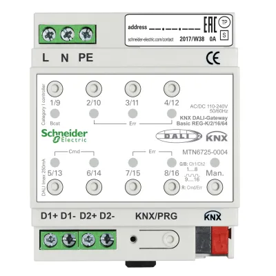 Schneider Electric KNX DALI-Gateway Basic MTN6725-0004 | 2-Kanal | REG | 230V | 64 EVGs | 16 Gruppen | LED-Anzeige
