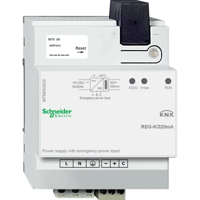 Schneider Electric KNX Spannungsversorgung MTN683832 | REG 4TE | 320mA | LED-Anzeige | Notstromeingang | lichtgrau