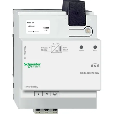 Schneider Electric Spannungsversorgung KNX MTN684032 | REG 4TE | 320 mA | LED-Anzeige | Hutschiene | lichtgrau