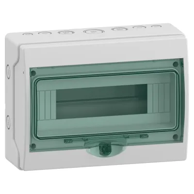 Schneider Electric Mini-Kleinverteiler 13444 | Aufputz | 12TE | IP65 | 1-reihig | Schloss | transparente Tür | grau