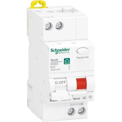 Schneider Electric FI/LS-Schalter Resi9 R9D01625 | 1P+N | 25A | 30mA Typ A | B-Char. | 230V | 6kA | 2TE | IP20 | weiß