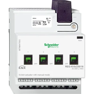 Schneider Electric Schaltaktor MTN647593 | KNX REG 4-fach 16A 3600W | C-Last | Handbedienung | 230V | 4TE | lichtgrau
