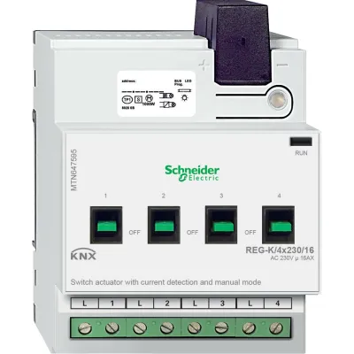 Schneider Electric Schaltaktor KNX MTN647595 | REG 4-fach 16A | Handbetätigung | Stromerkennung | 230V | Grau