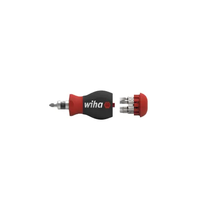 Wiha Schraubendreher Stubby SB380201 | 1/4" Bit Magazin | 7 Doppelbits 14 Profile | kompakt 85mm | schwarz/rot