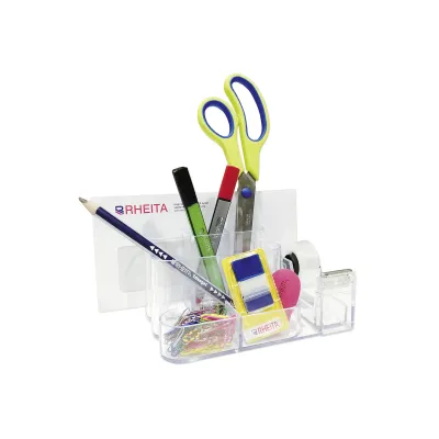 RHEITA Schreibtischorganizer | Organizer mit Klebefilmabroller | 17x12,6x8 cm | Kunststoff/Metall | transparent