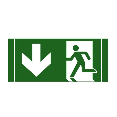 SCHUCH Piktogramm Aufkleber 121/35 W | Notausgang unten Pfeil | selbstklebend | 335x145 mm | grün/weiß
