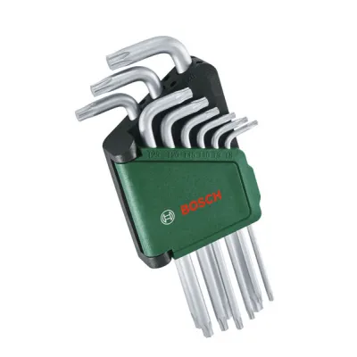 Bosch Torx Winkelschlüssel-Set 1600A02Z9C | 9-teilig | S2-Stahl | verchromt | Aufbewahrungsclip | Größen TX8-TX40