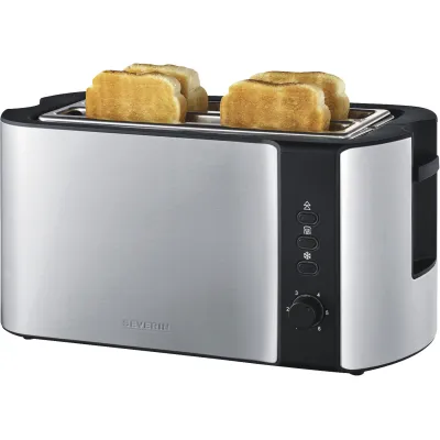 SEVERIN Toaster AT 2590 | Langschlitztoaster 4 Scheiben | 1.400 W | Edelstahl-schwarz | Brötchenaufsatz | Auftaufunktion