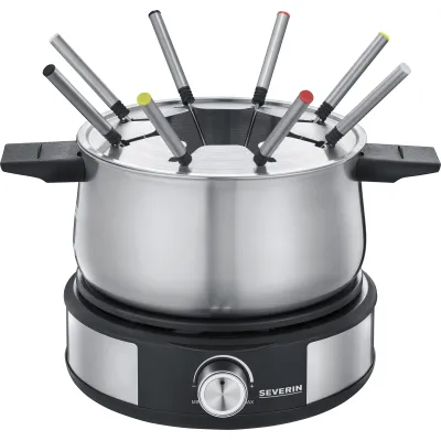 Severin Fondue-Crêpes-Kombination FO 2471 | Elektro-Fondue 1,4l | 8 Gabeln | Edelstahl | Crêpesplatte | 1500W | schwarz