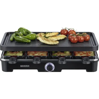 SEVERIN Raclette-Grill RG 9670 | 8 Pfännchen | abnehmbare Grillplatte | Antihaft | Temperaturregler | Schwarz