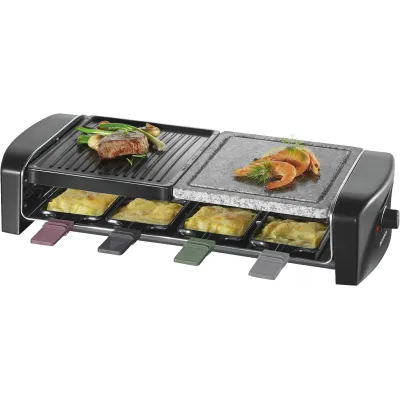 SEVERIN Raclette-Grill RG 9645 | Naturgrillstein | 8 Pfännchen | Grillplatte geriffelt | Temperaturregler | 1.400 W