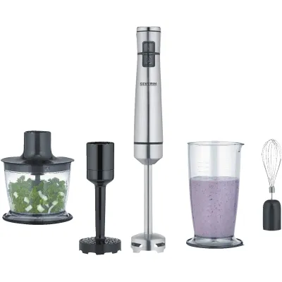Severin Stabmixer SM 3775 kabellos | Li-Ionen Akku | Edelstahlfuß | Premium-Set | 700ml Mixbecher | BPA-frei