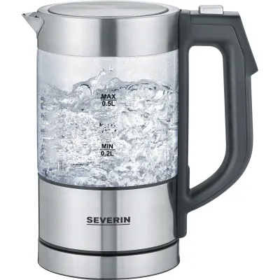 Severin Wasserkocher WK 3458 | Mini Glas 0,5 l | 1100 W | Temperaturwahl 40–100°C | Edelstahl | kabellos | schwarz